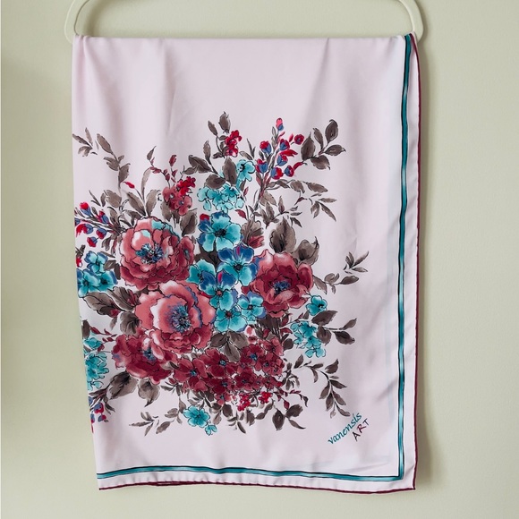 Floral Silk Like Scarf with Pink and Blue Accents EUC - Picture 3 of 4